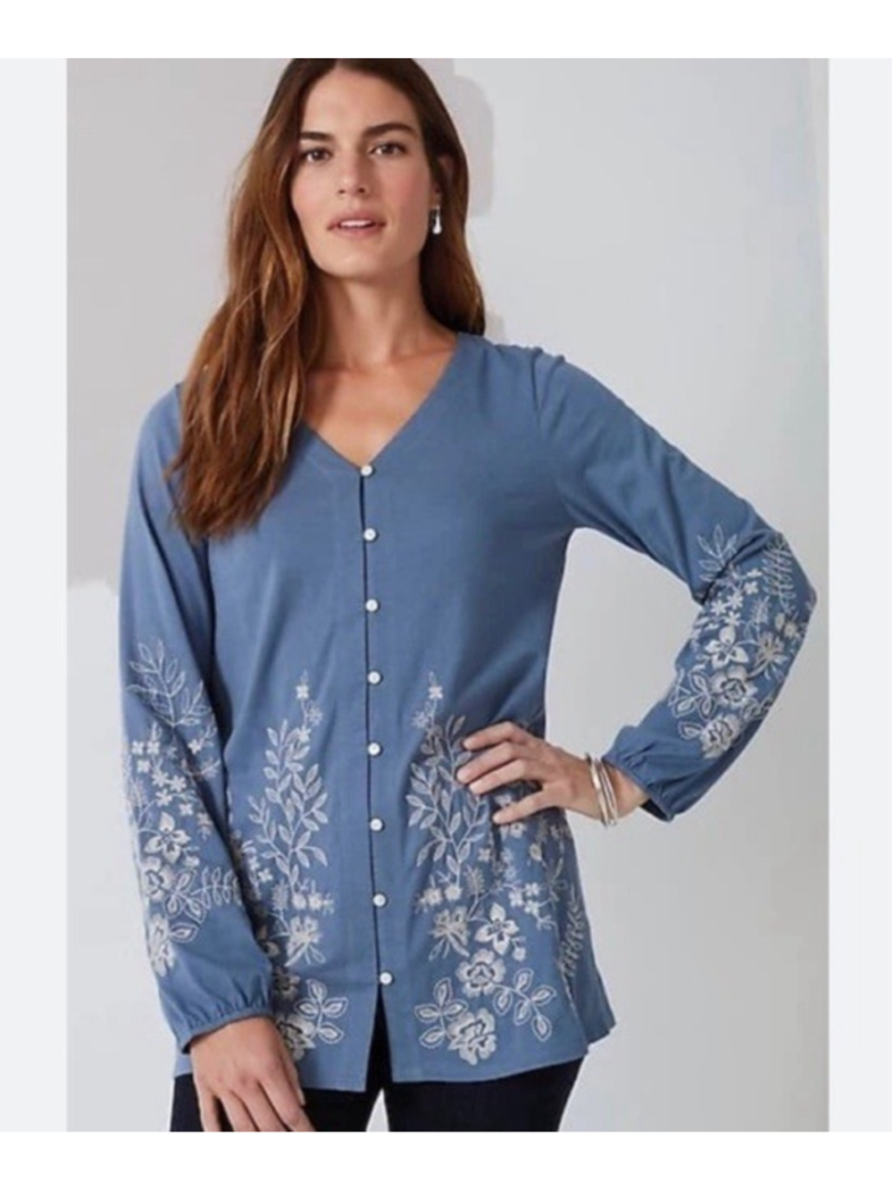 J. Jill Women’s Floral Embroidered Button-Down Tunic Top Sz XL Boho Casual Blue